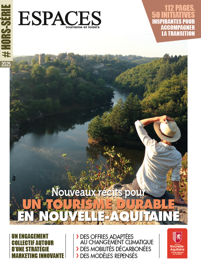 1ère de couverture du hors-série de la revue Espaces Tourisme sur les nouveaux récits pour un tourisme durable en Nouvelle-Aquitaine