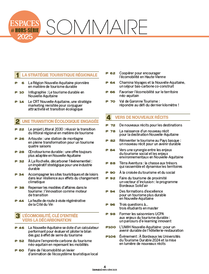 Sommaire du hors-série de la revue Espaces Tourisme sur les nouveaux récits pour un tourisme durable en Nouvelle-Aquitaine